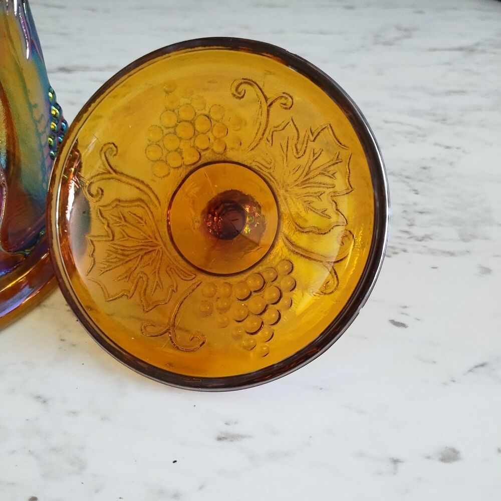 Vintage Indiana Glass Iridescent Marigold Carnival Harvest Grape Biscuit  Jar - Picture 7 of 12